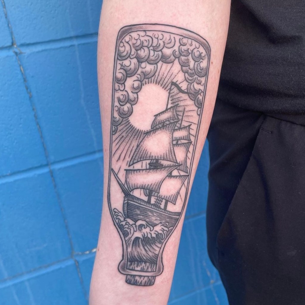 ship in a bottle traditional flash tattoo