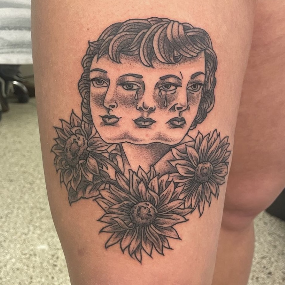 triple girls head traditional tattoo, custom tattoos