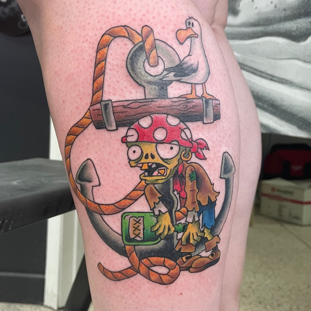 Full-colour neo-traditional tattoo of a zombie, anchor, and seagull. Tattoo was done by Wes Pretty Tattoo at Champion Tattoo in Sherwood Park, Alberta.