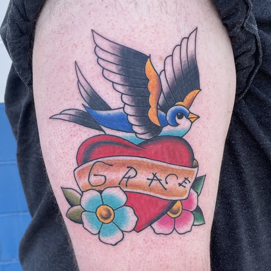 neo-trad heart and sparrow tattoo