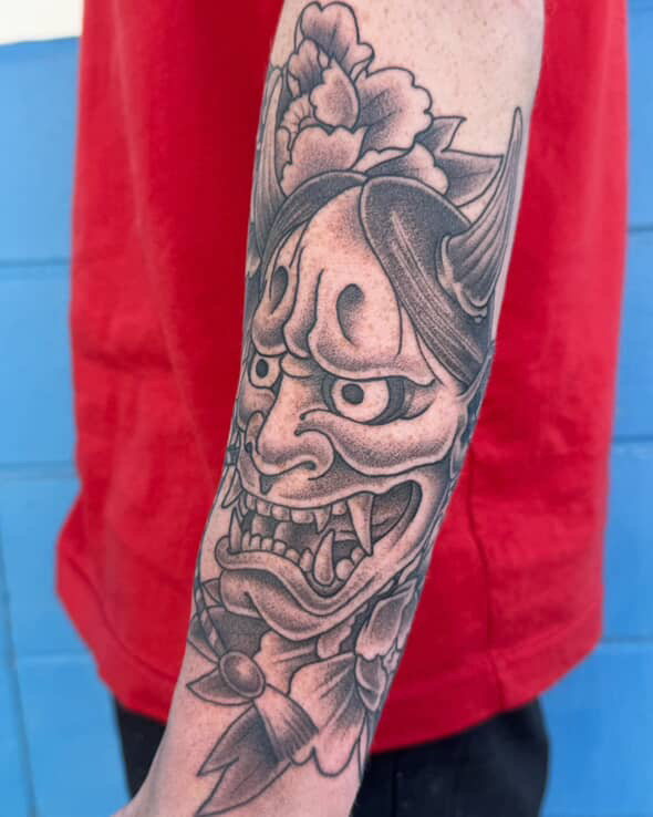 Japanese mask tattoo done in Sherwood Park alberta