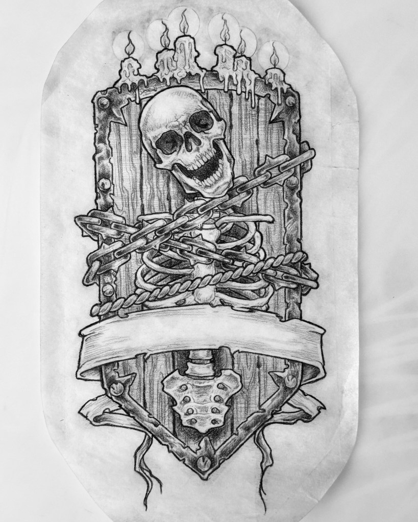 Black and grey pre-drawn tattoo design of a partial skeleton chained to a wooden board with candles and a banner