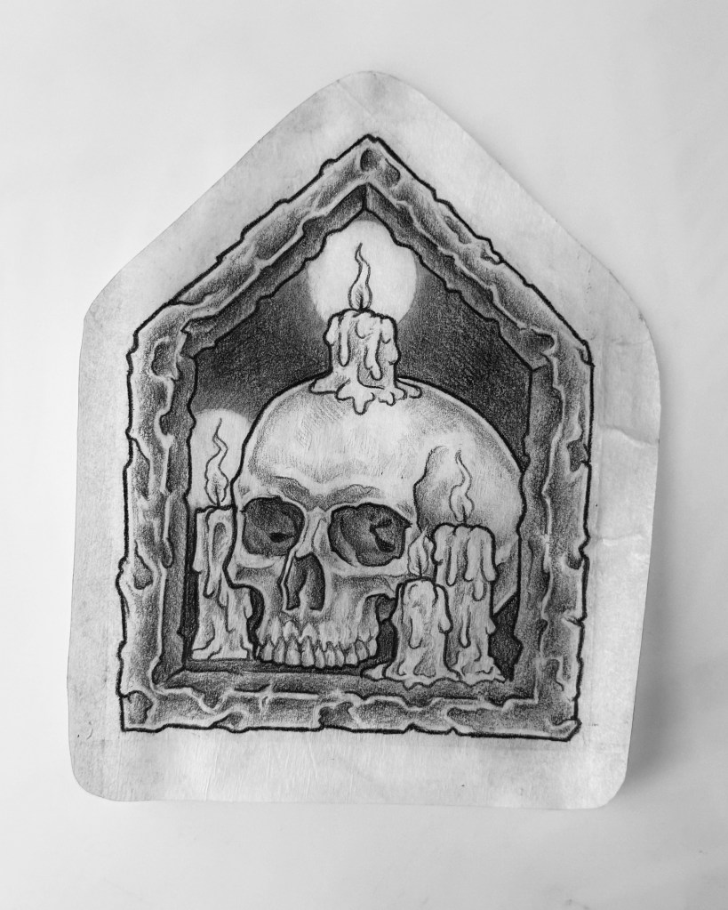 Black and grey pre-drawn tattoo design of a skull with candles in a frame
