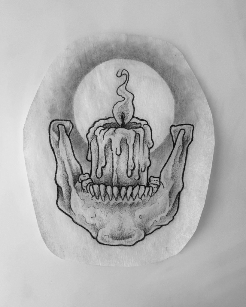 Black and grey pre-drawn tattoo design of a lower jaw bone and candle